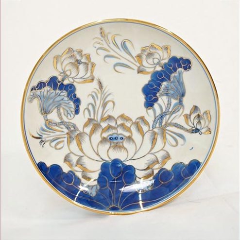 Đĩa Cau Men Lam Vẽ Vàng Hoa Sen Cao Cấp DT1076