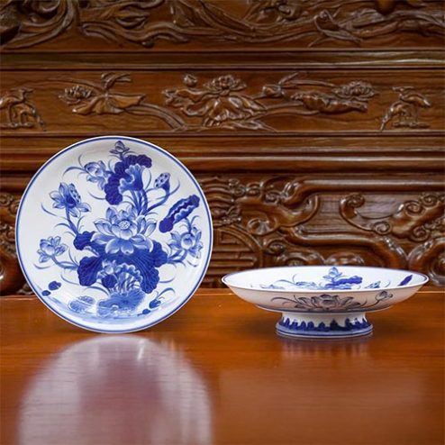 Đĩa Thờ Men Lam Mẫu Hoa Sen Gốm Sứ Bát Tràng DT1008