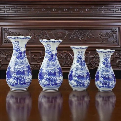 Lọ Hoa Cổ Diềm Lượn Men Lam Vẽ Tay Hoa Sen Bát Tràng DT1032