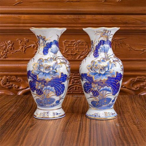 Lọ Hoa Mẫu Cổ Lượn Hoa Sen Men Lam Vẽ Vàng Cao Cấp DT1068