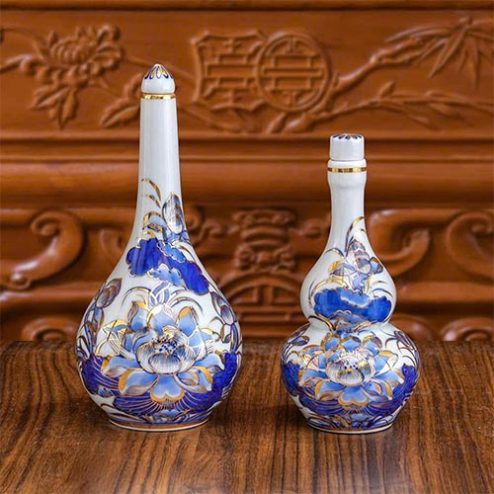 Nậm Rượu Men Lam Vẽ Vàng Cao Cấp Sứ Bát Tràng DT1058