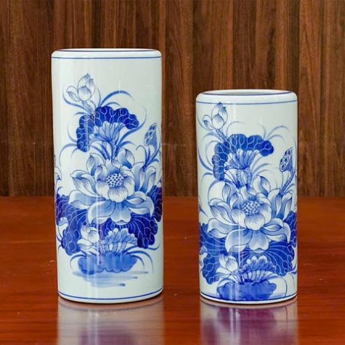 Ống Hương Không Chân Men Lam Bát Tràng Mẫu Hoa Sen DT1011