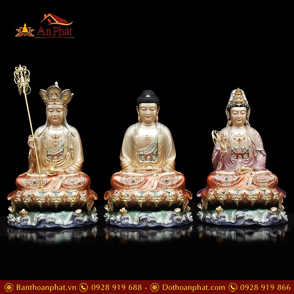 Tượng Phật Ta Bà Tam Thánh Đồng Mẫu Ngồi Non Nước Sơn Màu T2340