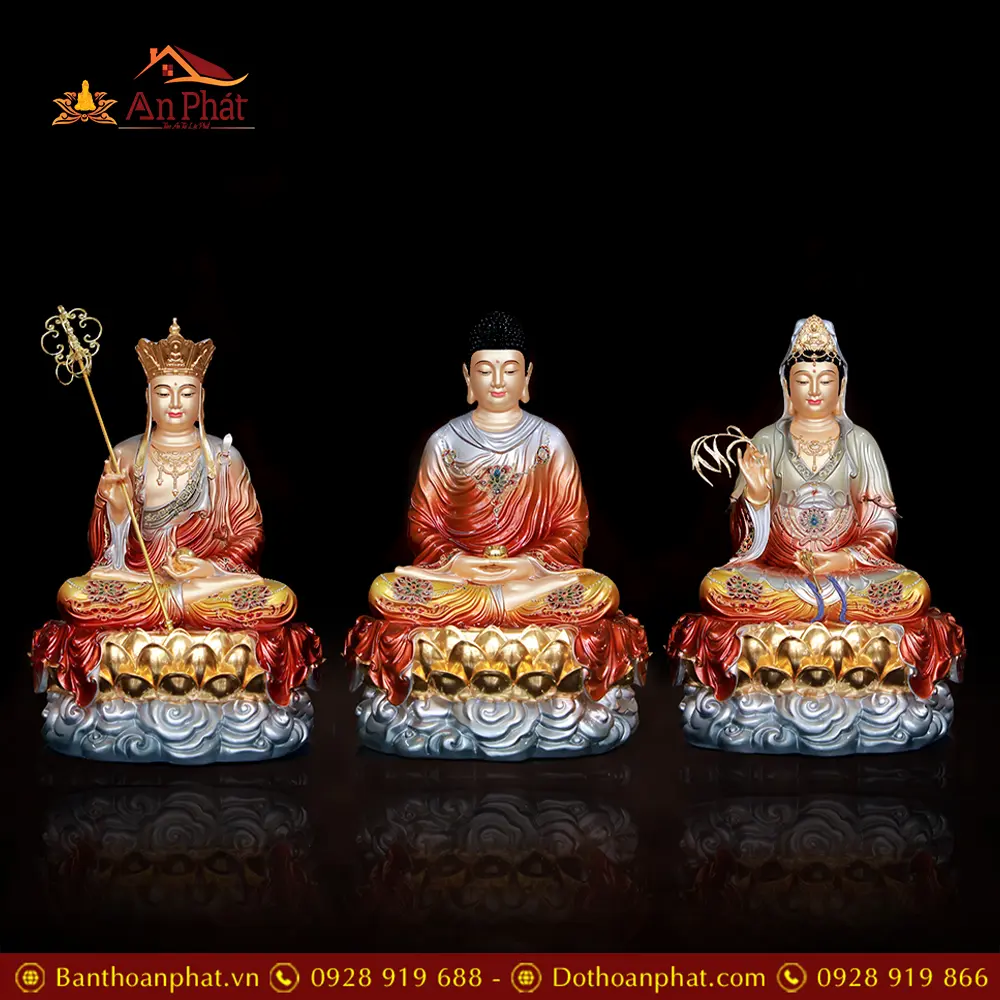 Tượng Phật Ta Bà Tam Thánh Toạ Vân Đồng Ánh Kim Cao Cấp T2332 25 Tượng Phật Ta Bà Tam Thánh Toạ Vân Đồng Ánh Kim Cao Cấp T2332