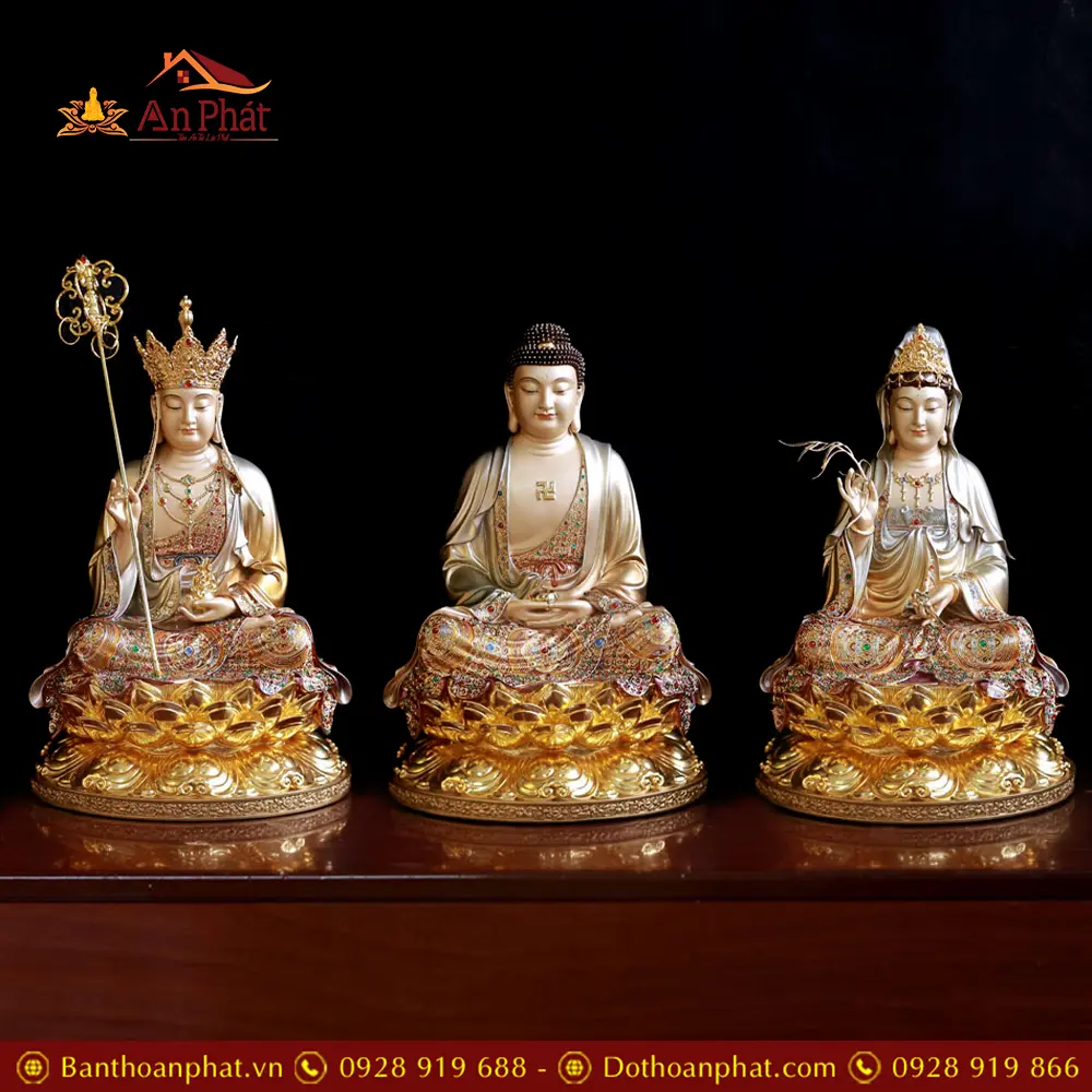 Tượng Ta Bà Tam Thánh Đồng Mẫn Bảo Viền Vàng Cao Cấp T2336