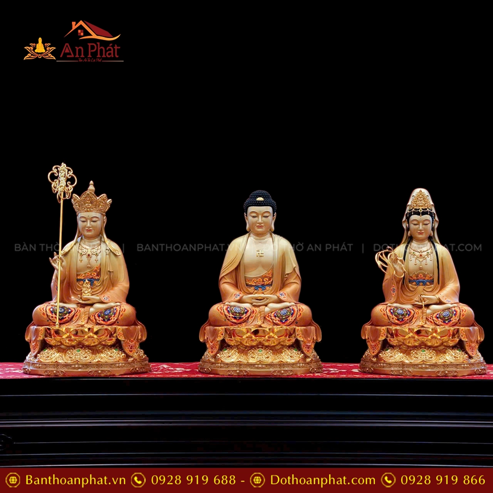 Tôn Tượng Ta Bà Tam Thánh Ngọc Thạch Phủ Đồng Tọa Đài Sen vàng ánh nâu T2399