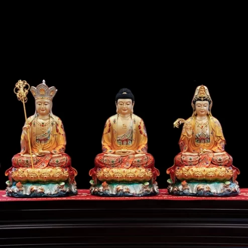 Tôn Tượng Ta Bà Tam Thánh Ngọc Thạch Phủ Đồng Tọa Lá Sen Vẽ gấm Đỏ cam T2393