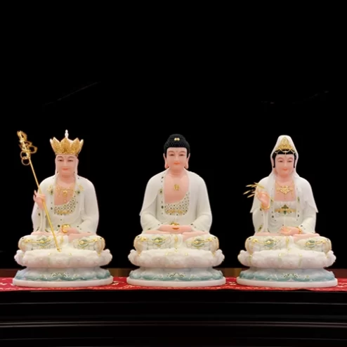 Tôn Tượng Ta Bà Tam Thánh Tọa Đài Sen Đá Đài Loan Xanh trắng T2386