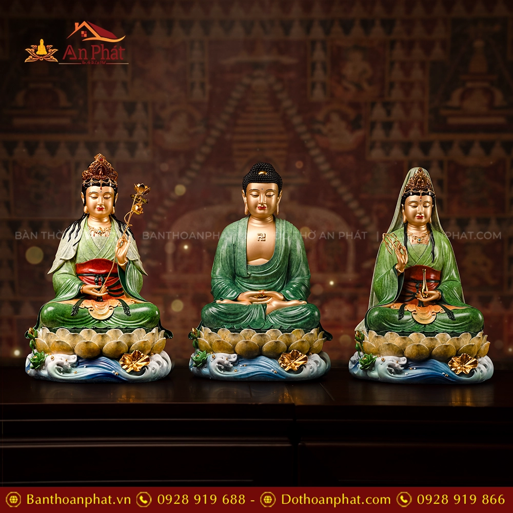 Tôn Tượng Tây Phương Tam Thánh Ngọc Thạch Phủ Đồng Lục Bảo Vân T2428