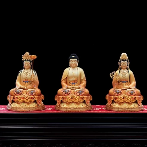 Tôn Tượng Tây Phương Tam Thánh Ngọc Thạch Phủ Đồng Tọa Đài Sen vàng ánh nâu T2398