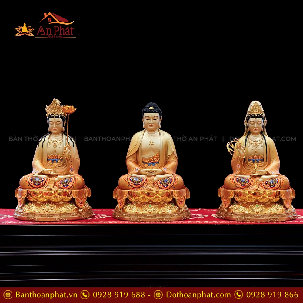 Tôn Tượng Tây Phương Tam Thánh Ngọc Thạch Phủ Đồng Tọa Đài Sen vàng ánh nâu T2398