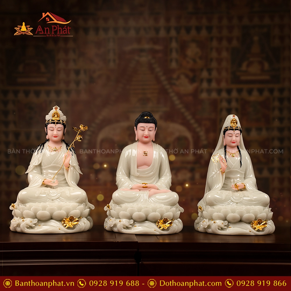 Tôn Tượng Tây Phương Tam Thánh Thạch Anh Men Xanh Ngọc Bảo T2425