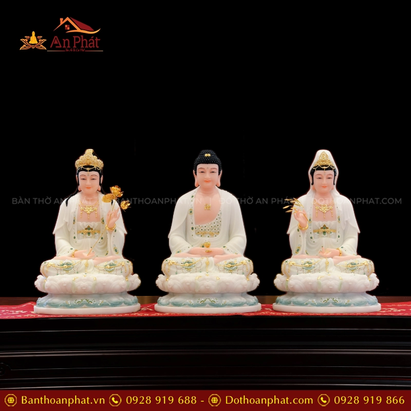 Tôn Tượng Tây Phương Tam Thánh Tọa Đài Sen Đá Đài Loan Xanh trắng T2385 19 Tôn Tượng Tây Phương Tam Thánh Tọa Đài Sen Đá Đài Loan Xanh trắng T2385