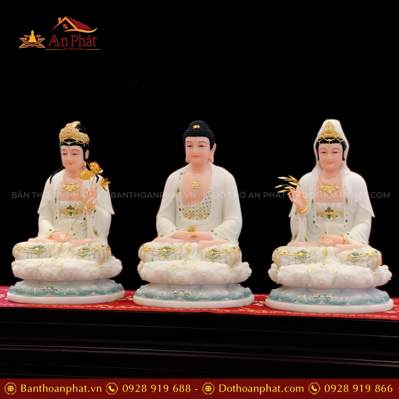 Tôn Tượng Tây Phương Tam Thánh Tọa Đài Sen Đá Đài Loan Xanh trắng T2385 20 Tôn Tượng Tây Phương Tam Thánh Tọa Đài Sen Đá Đài Loan Xanh trắng T2385