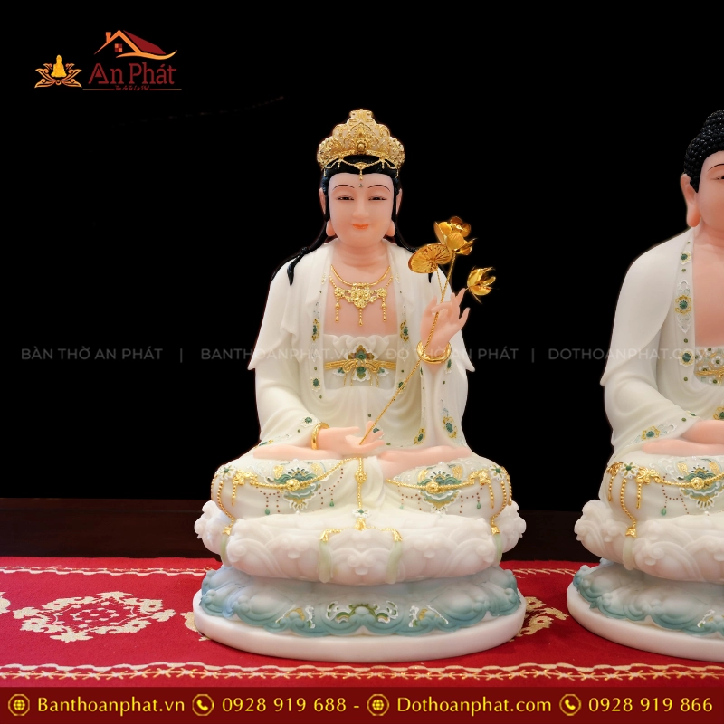 Tôn Tượng Tây Phương Tam Thánh Tọa Đài Sen Đá Đài Loan Xanh trắng T2385 22 Tượng Đại Thế Chí Bồ Tát đẹp