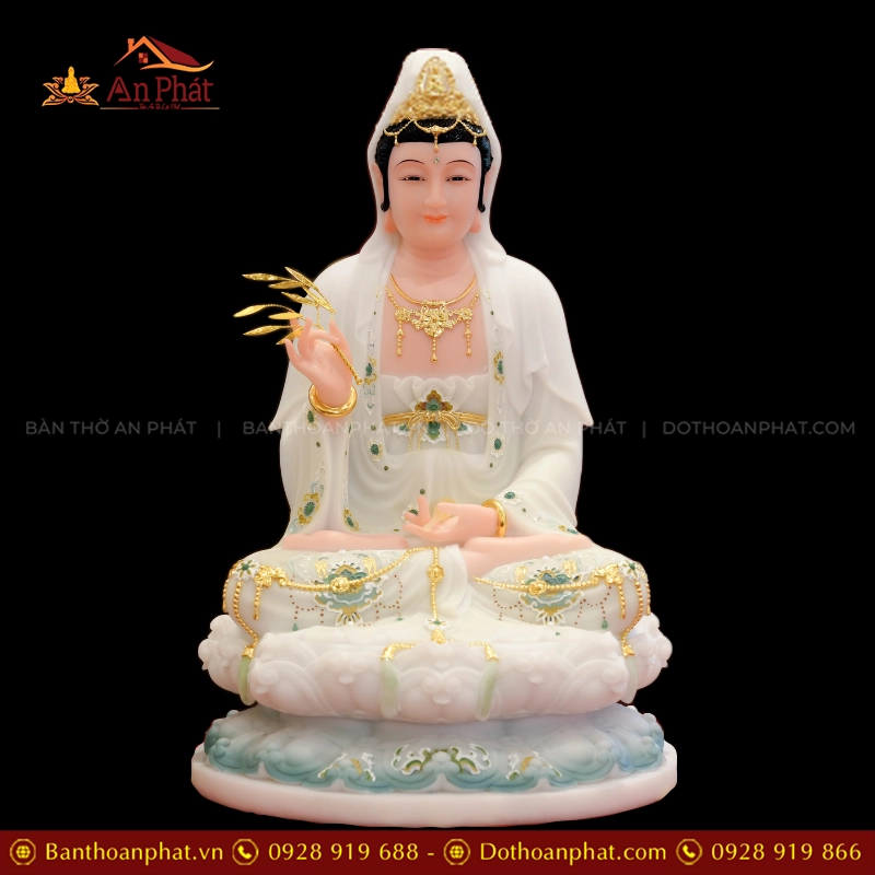 Tôn Tượng Tây Phương Tam Thánh Tọa Đài Sen Đá Đài Loan Xanh trắng T2385 23 Tượng Quan Thế Âm Bồ Tát đẹp