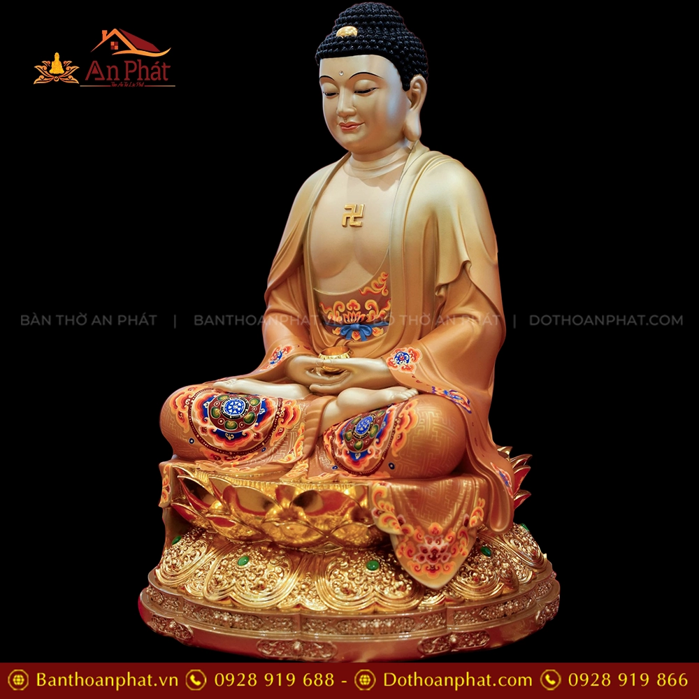 Tượng Bổn Sư Thích Ca Mâu Ni Ngọc Thạch Phủ Đồng Tọa Đài Sen vàng ánh nâu T2397