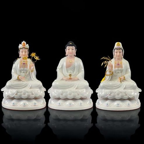 Bộ Tượng Phật Ta Bà Tam Thánh Bột Đá Trắng Ngồi Đài Sen Đế To T2372