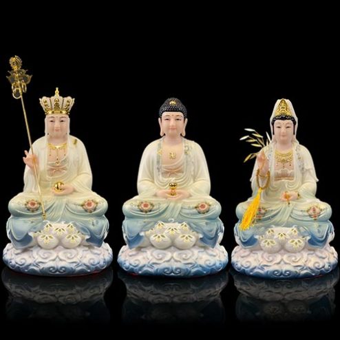 Bộ Tượng Ta Bà Tam Thánh Bằng Bột Đá Ngồi Đế Mây Sơn Xanh Cao Cấp T2369