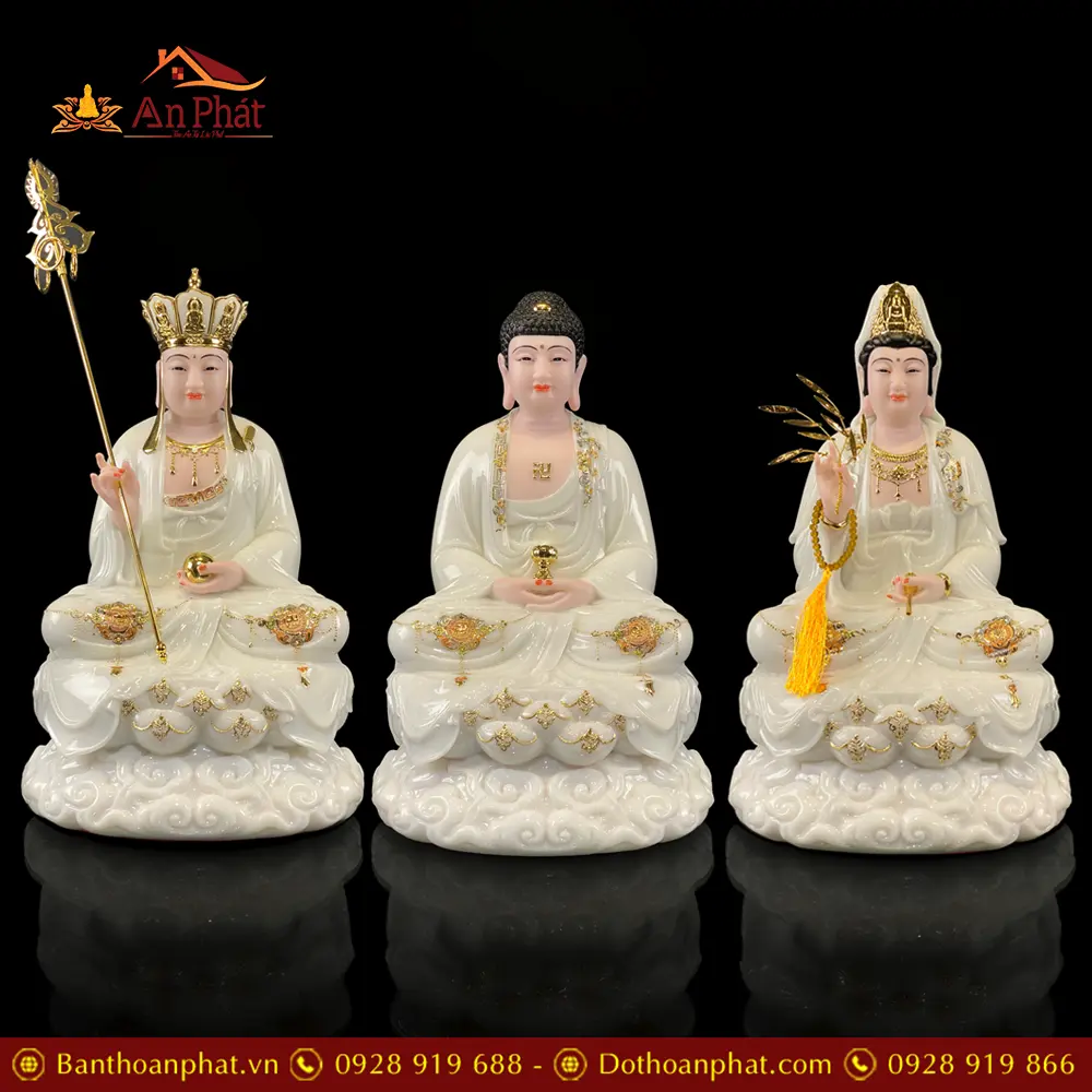 Bộ Tượng Ta Bà Tam Thánh Bằng Bột Đá Trắng Ngồi Đế Mây Cao Cấp T2370 27 Bộ Tượng Ta Bà Tam Thánh Bằng Bột Đá Trắng Ngồi Đế Mây Cao Cấp T2370