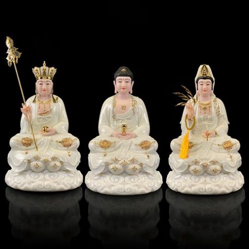 Bộ Tượng Ta Bà Tam Thánh Bằng Bột Đá Trắng Ngồi Đế Mây Cao Cấp T2370