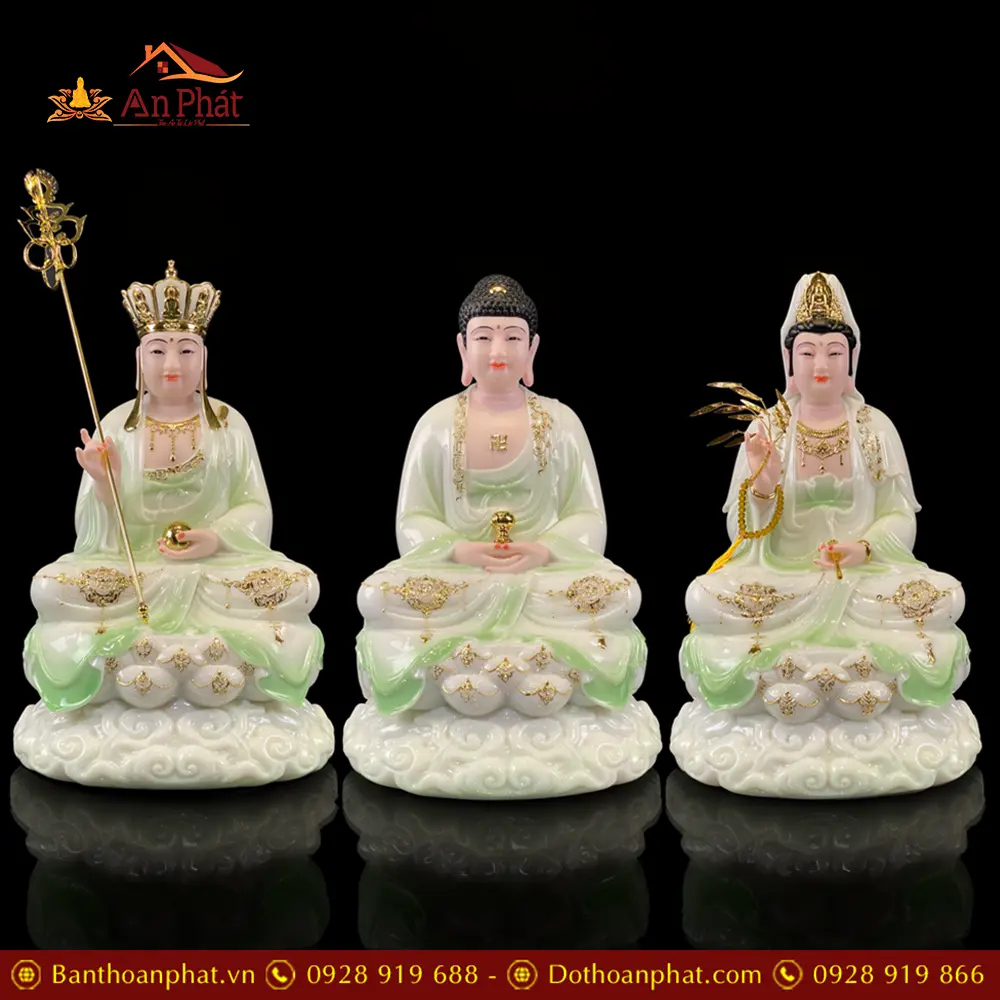 Tượng Phật Ta Bà Tam Thánh Ngồi Mây Bột Đá Màu Thiên Thanh T2371 27 Tượng Phật Ta Bà Tam Thánh Ngồi Mây Bột Đá Màu Thiên Thanh T2371