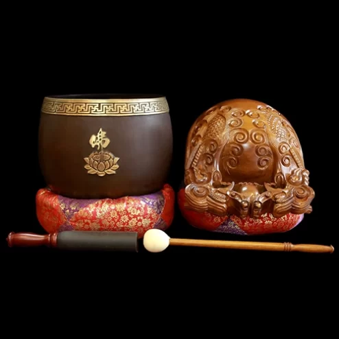 Bộ Chuông Đồng Chữ Phật Mõ Rồng Gỗ Bưởi nhập khẩu AK11216