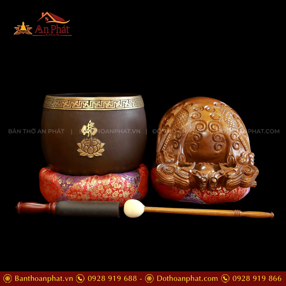 Bộ Chuông Đồng Chữ Phật Mõ Rồng Gỗ Bưởi nhập khẩu AK11216