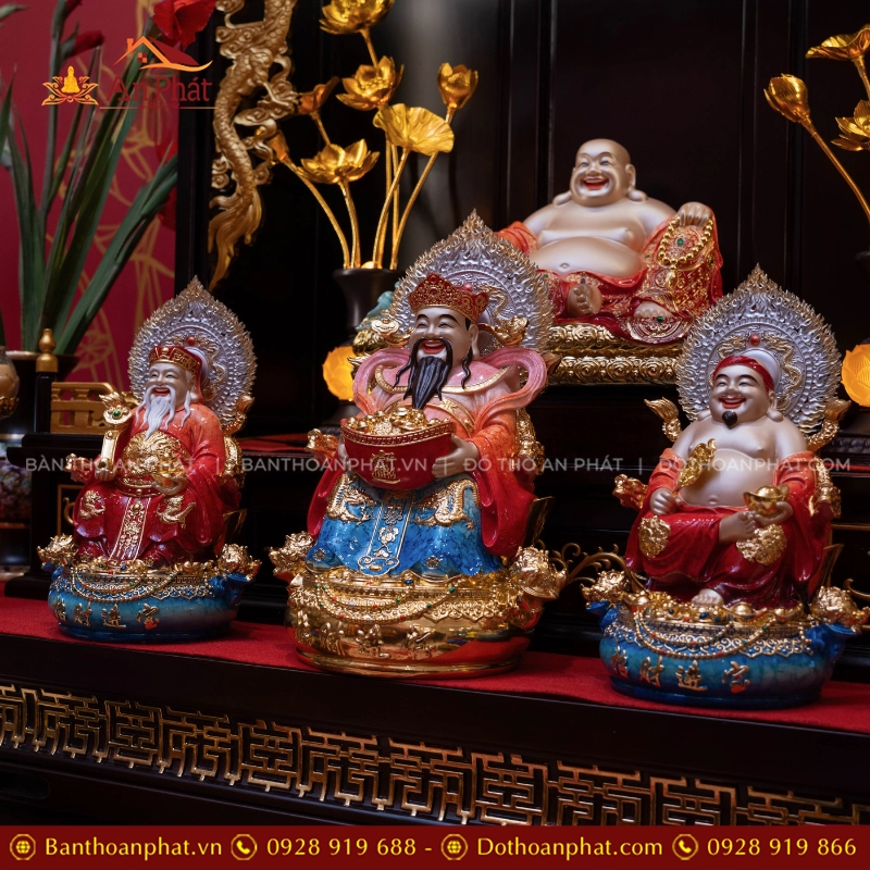 Bộ Tứ Phúc Ngọc Thạch Phủ Đồng Đỏ Đế Xanh Dương T2527 16 Bộ tôn tượng Tứ phúc ngồi đẹp