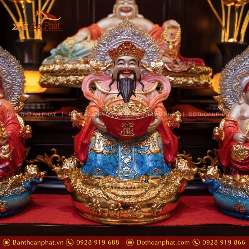Bộ Tứ Phúc Ngọc Thạch Phủ Đồng Đỏ Đế Xanh Dương T2527 17 Tôn tượng Thần Tiền ngồi đẹp