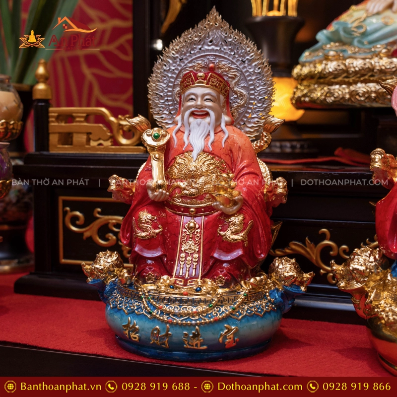 Bộ Tứ Phúc Ngọc Thạch Phủ Đồng Đỏ Đế Xanh Dương T2527 18 Tôn tượng Thần Tài ngồi đẹp