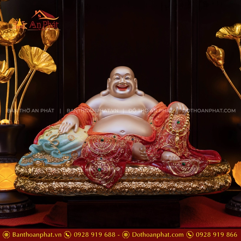 Bộ Tứ Phúc Ngọc Thạch Phủ Đồng Đỏ Đế Xanh Dương T2527 20 Tôn tượng Di Lặc ngồi đẹp