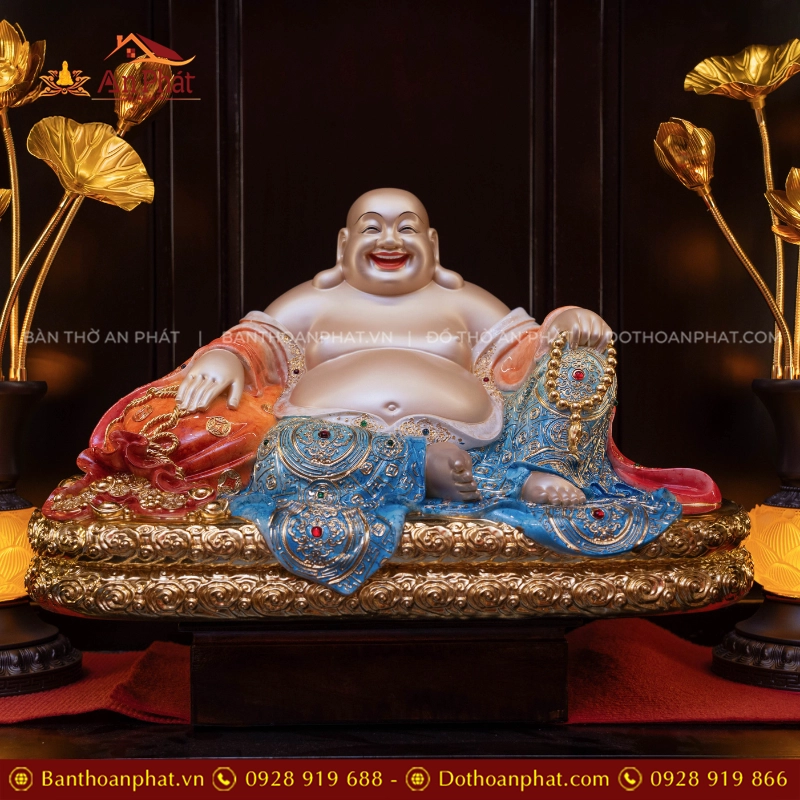 Bộ Tứ Phúc Ngọc Thạch Phủ Đồng Ngũ Sắc Ánh Vàng T2529 11 Tôn tượng Di Lặc ngồi đẹp