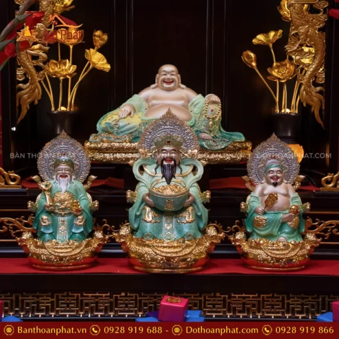 Bộ tượng Thần Tài Thổ Địa Di Lặc Ngọc Thạch Phủ Đồng Xanh Ngọc Lục Bảo T2525