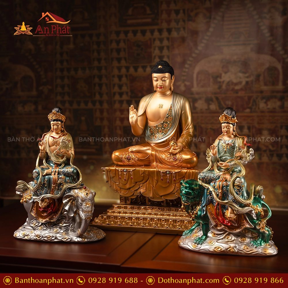 Tôn Tượng Hoa Nghiêm Tam Thánh Ngọc Thạch Phủ Đồng Lam Bảo Hoa T2433 18 Tôn tượng Hoa Nghiêm Tam Thánh ngồi đẹp bằng đá