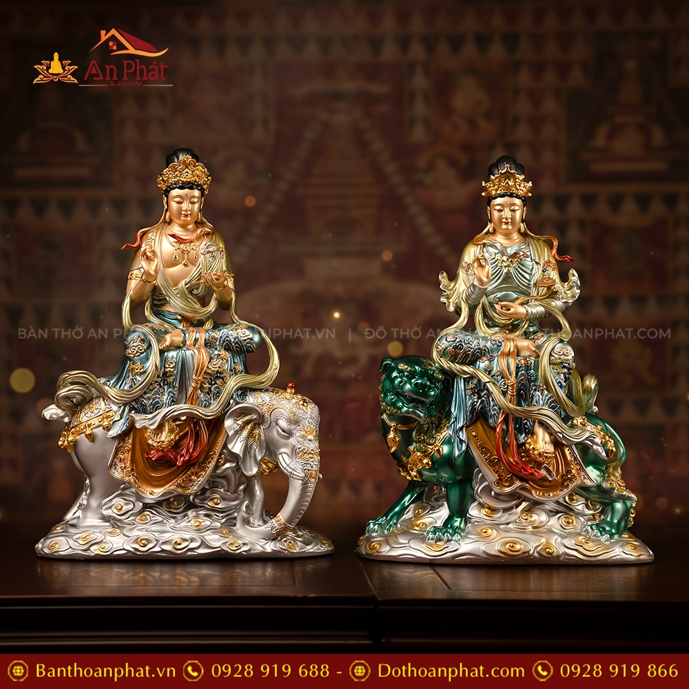 Tôn Tượng Hoa Nghiêm Tam Thánh Ngọc Thạch Phủ Đồng Lam Bảo Hoa T2433 19 Tôn tượng Phổ Hiền Bồ tát và Văn Thù Bồ tát