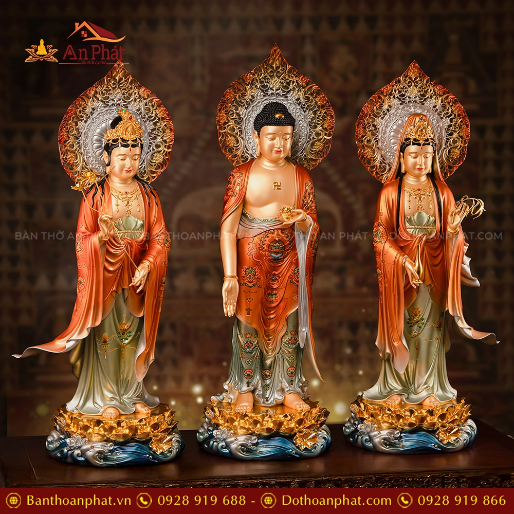 Tôn Tượng Tây Phương Tam Thánh Ngọc Thạch Phủ Đồng Kim Xích Quang T2455 18 Tượng Tây Phương Tam thánh đứng đẹp