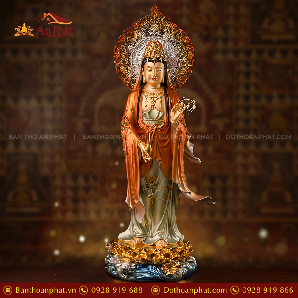 Tôn Tượng Tây Phương Tam Thánh Ngọc Thạch Phủ Đồng Kim Xích Quang T2455 19 Tượng Phật bà Quan âm đứng đẹp bằng đá