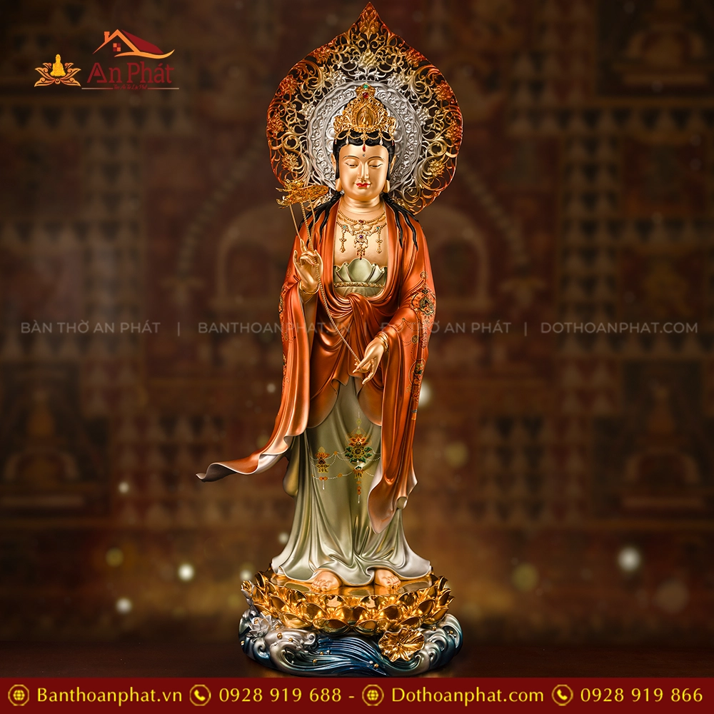 Tôn Tượng Tây Phương Tam Thánh Ngọc Thạch Phủ Đồng Kim Xích Quang T2455 20 Tượng Đại Thế Chí Bồ Tát đứng đẹp bằng đá