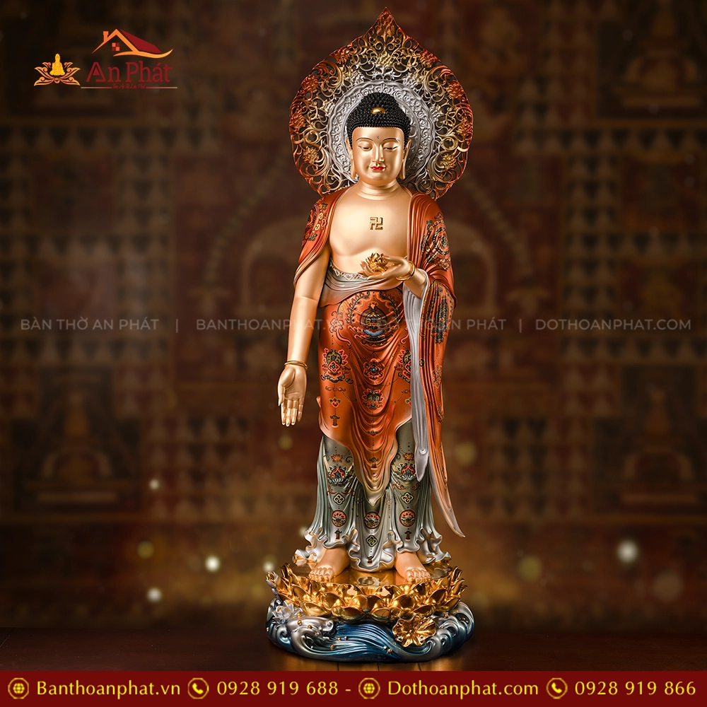 Tôn Tượng Tây Phương Tam Thánh Ngọc Thạch Phủ Đồng Kim Xích Quang T2455 21 Tượng Phật A Di Đà đứng đẹp bằng đá