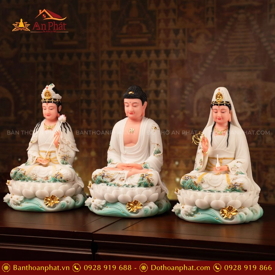 Tôn Tượng Tây Phương Tam Thánh Thạch Anh Ngọc Liên Bạch Y T2460 16 Tôn Tượng Tây phương Tam thánh để bàn thờ