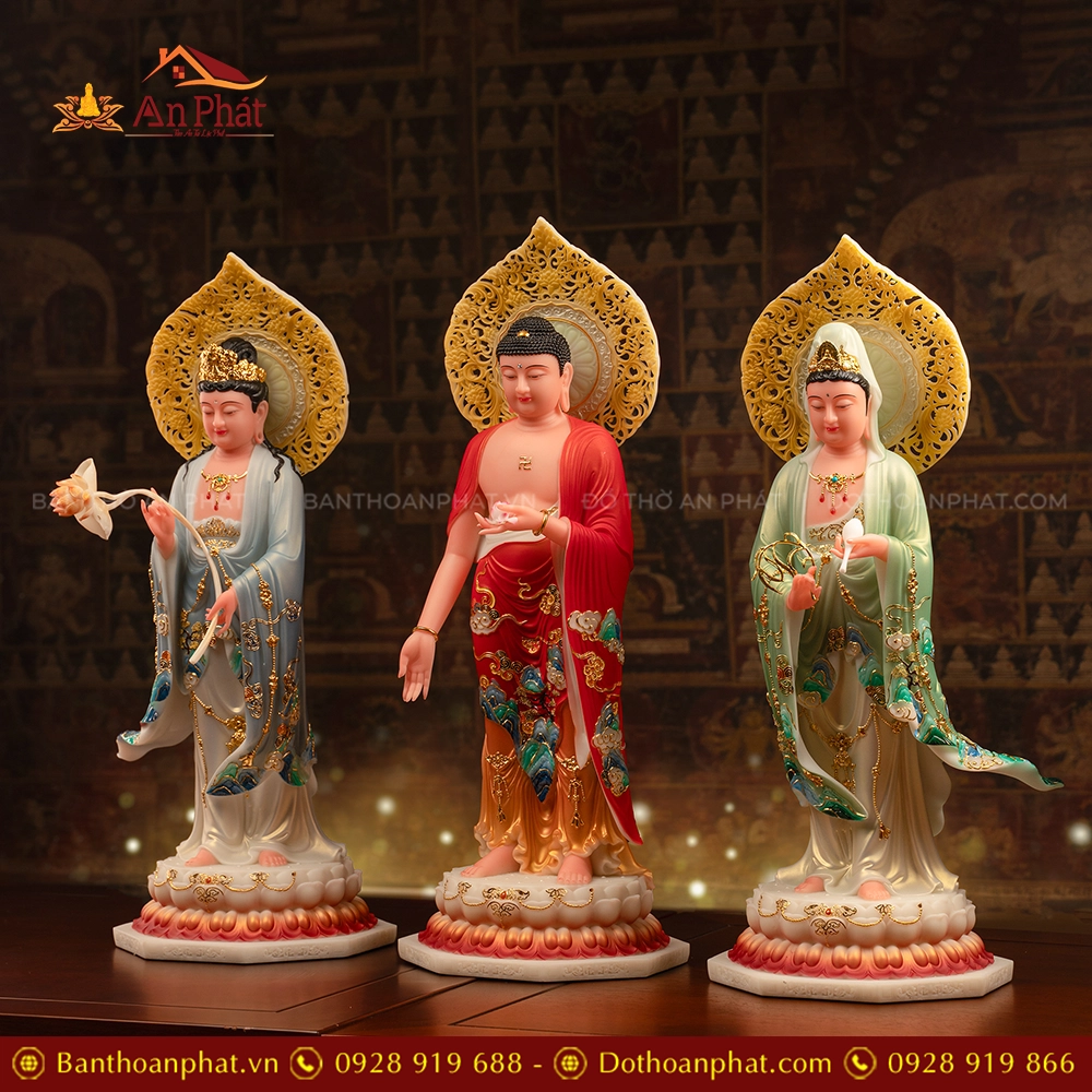 Tôn Tượng Tây Phương Tam Thánh Thạch Anh Tam Sắc Liên Quang T2437 18 Tượng Tây Phương Tam thánh đứng đẹp