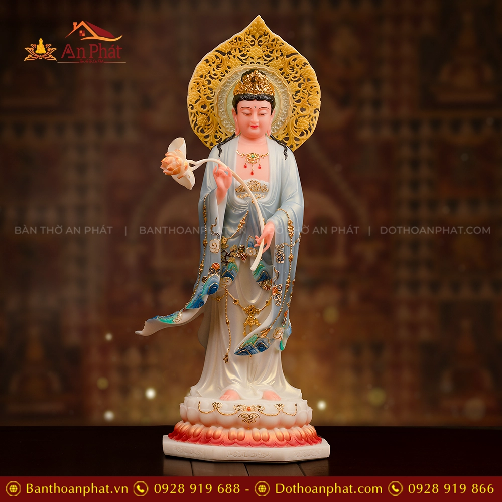 Tôn Tượng Tây Phương Tam Thánh Thạch Anh Tam Sắc Liên Quang T2437 19 Tượng Đại Thế Chí Bồ Tát đứng đẹp bằng đá