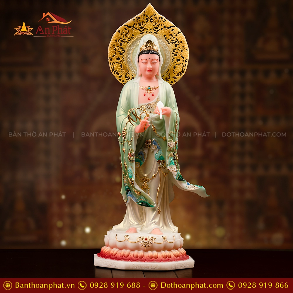 Tôn Tượng Tây Phương Tam Thánh Thạch Anh Tam Sắc Liên Quang T2437 21 Tượng Phật bà Quan âm đứng đẹp bằng đá