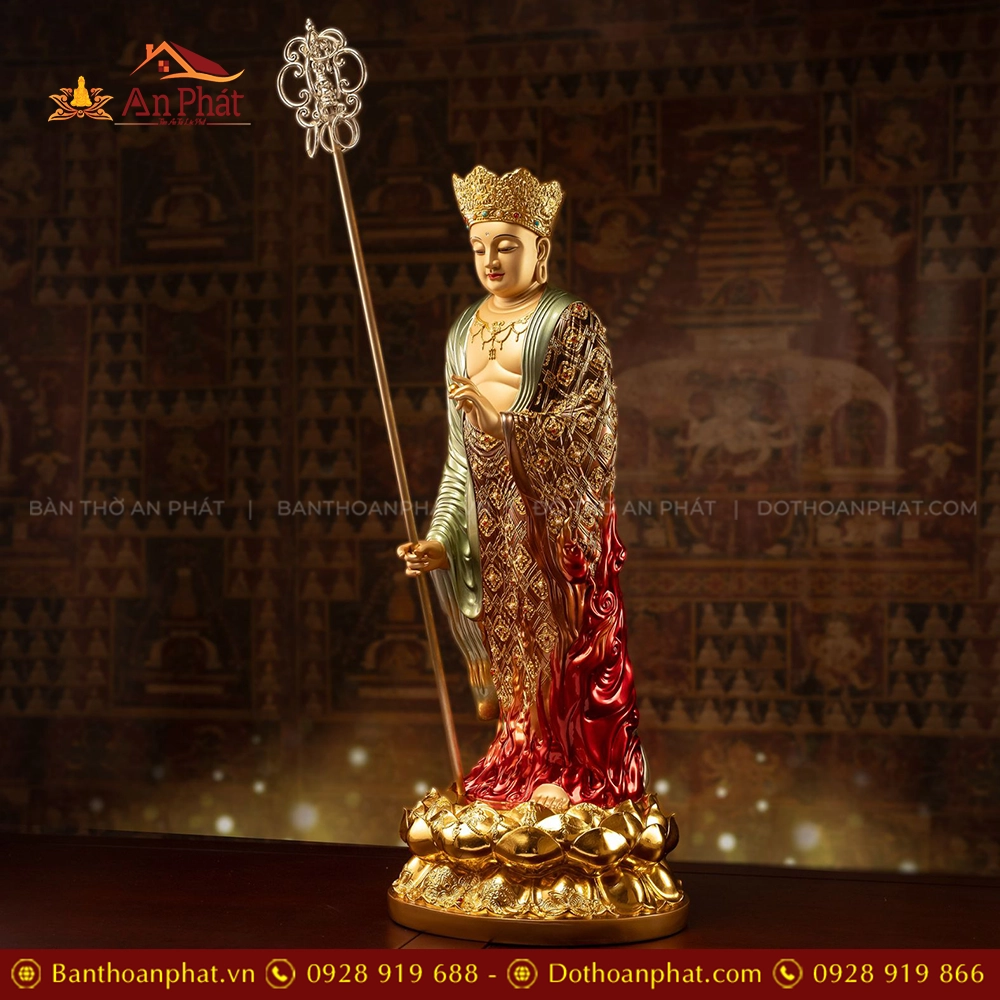 Tượng Địa Tạng Ngọc Thạch phủ Đồng Hoả Liên Quang T2444 12 Tôn tượng Địa Tạng Vương Bồ tát đứng bằng đồng