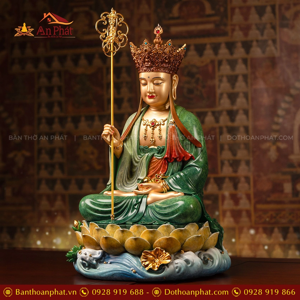 Tượng Địa Tạng Ngọc Thạch phủ đồng Lục Bảo Vân T2463 12 Tượng Địa Tạng Vương Bồ tát để bàn thờ
