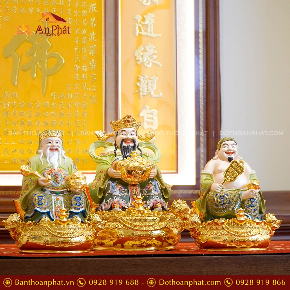 Tượng Tài Địa Ngồi Đồng Dát Vàng T2502 16 Tượng 3 Ông Thần tài Thần tiền Thổ Địa