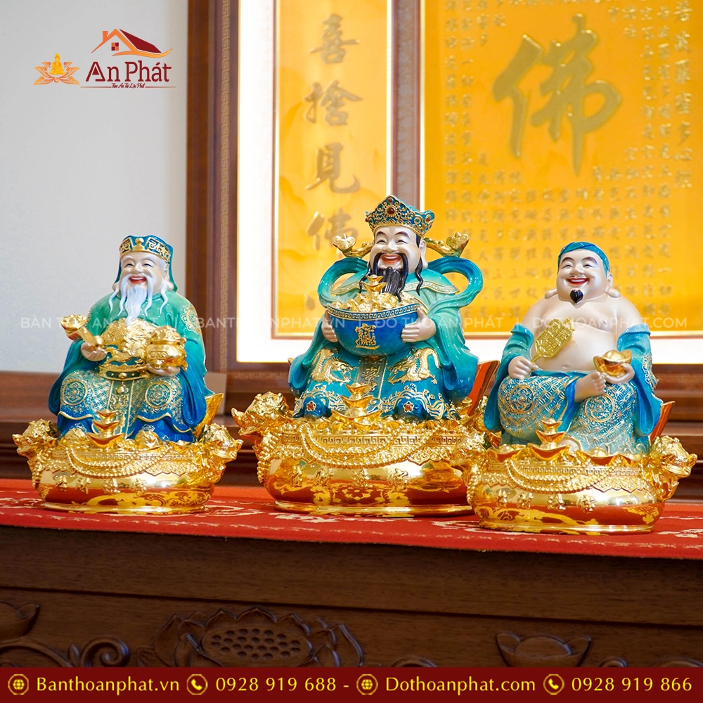 Tượng Tài Địa Ngồi Đồng Dát Vàng T2503 16 Tượng 3 Ông Thần tài Thần tiền Thổ Địa
