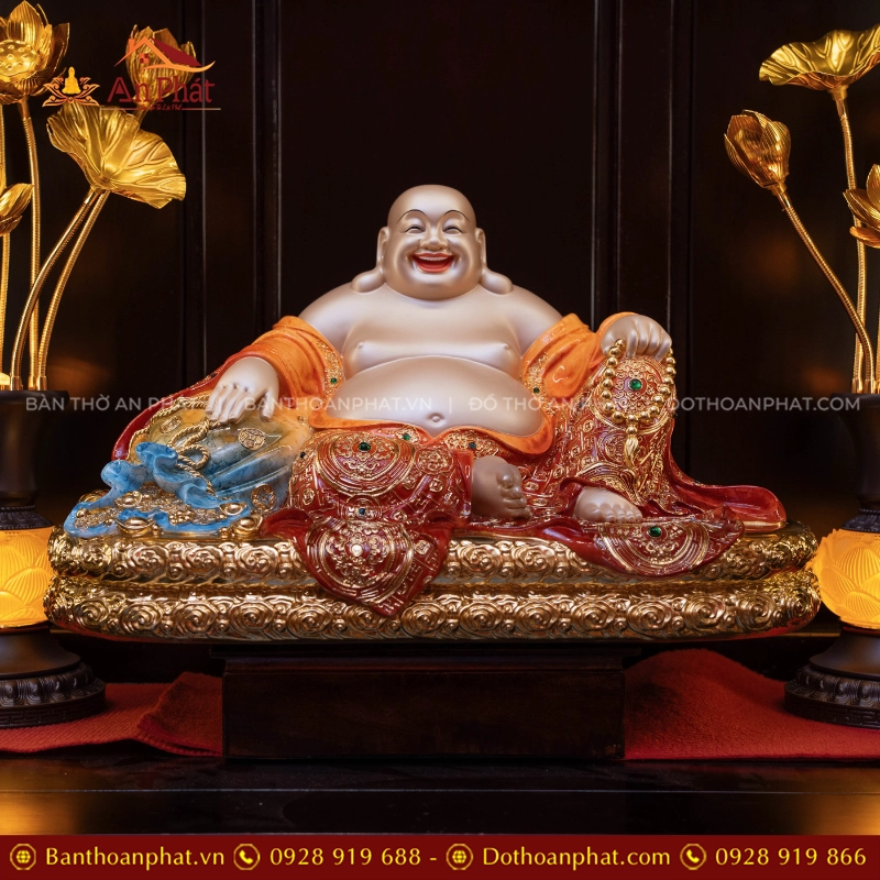 Tượng Tứ Phúc Ngọc Thạch Phủ Đồng Đỏ Hổ Phách T2530 11 Tôn tượng Di Lặc ngồi đẹp