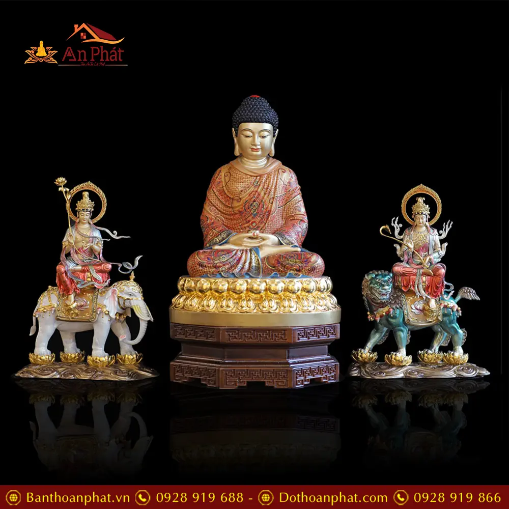 Bộ Tượng Phật Hoa Nghiêm Tam Thánh Đồng Cao Cấp Vẽ Gấm Nhập Khẩu T2709